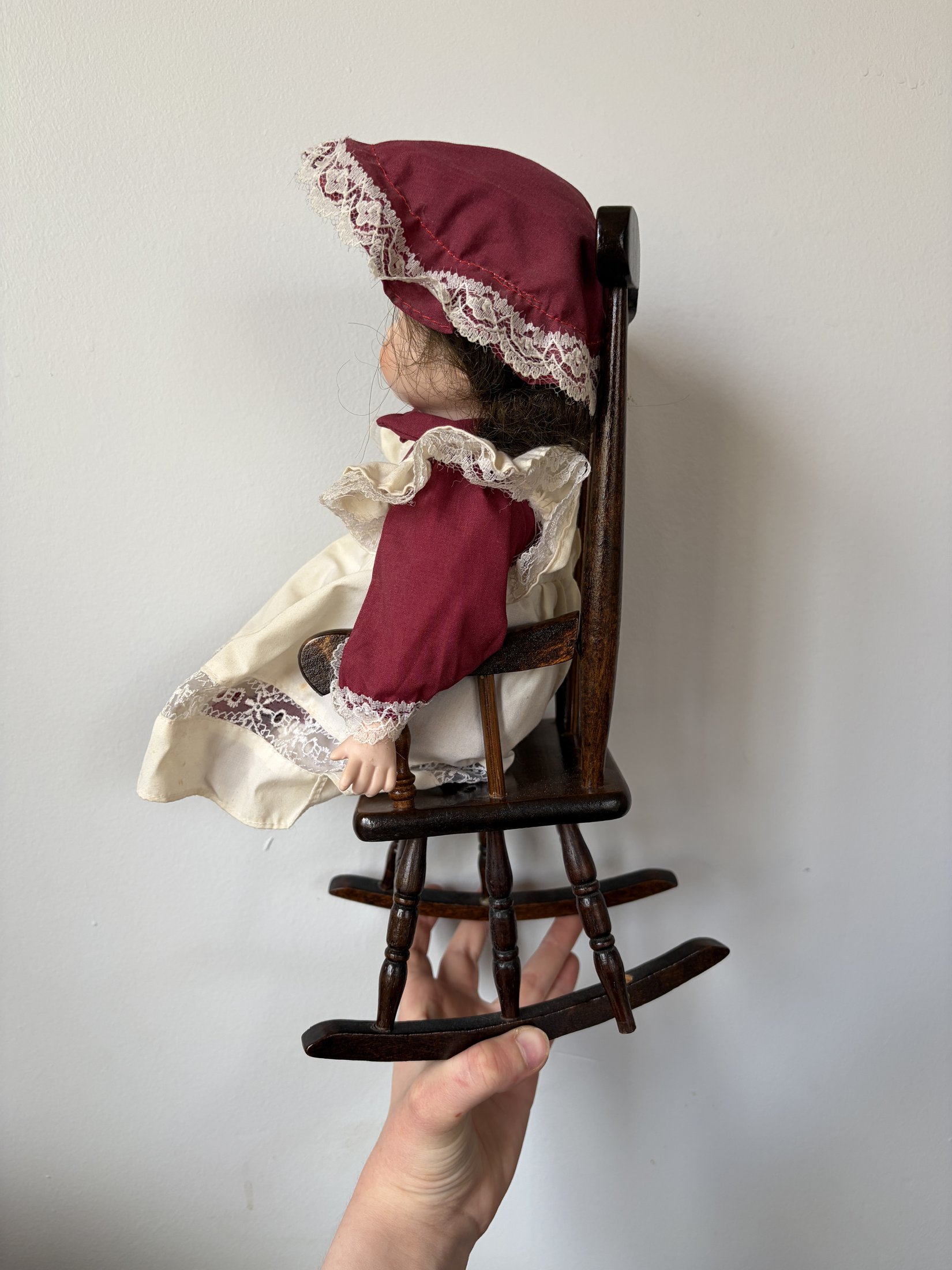 Vintage Porcelain Doll in Maroon Dress with Lace Trim - Image 5
