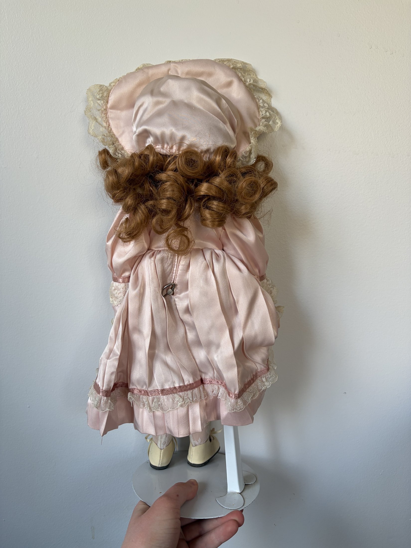 Vintage Porcelain Doll in Pink Lace Dress & Bonnet - Image 4