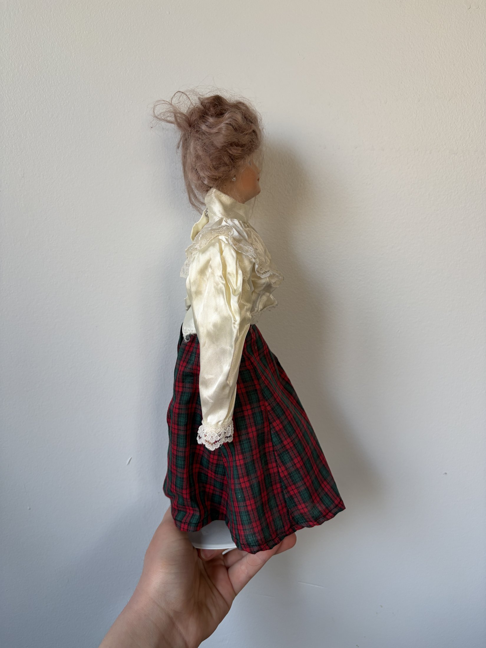 Vintage Porcelain Doll with Plaid Dress and Blonde Hair - Image 4