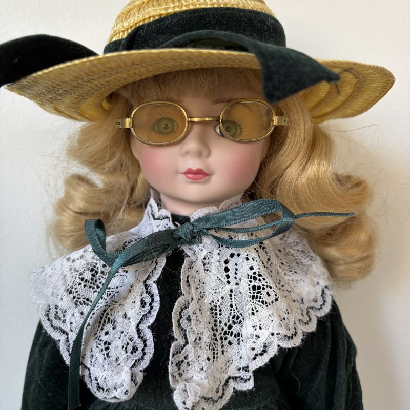 Vintage Porcelain Doll with Hat and Glasses, Lace Dress