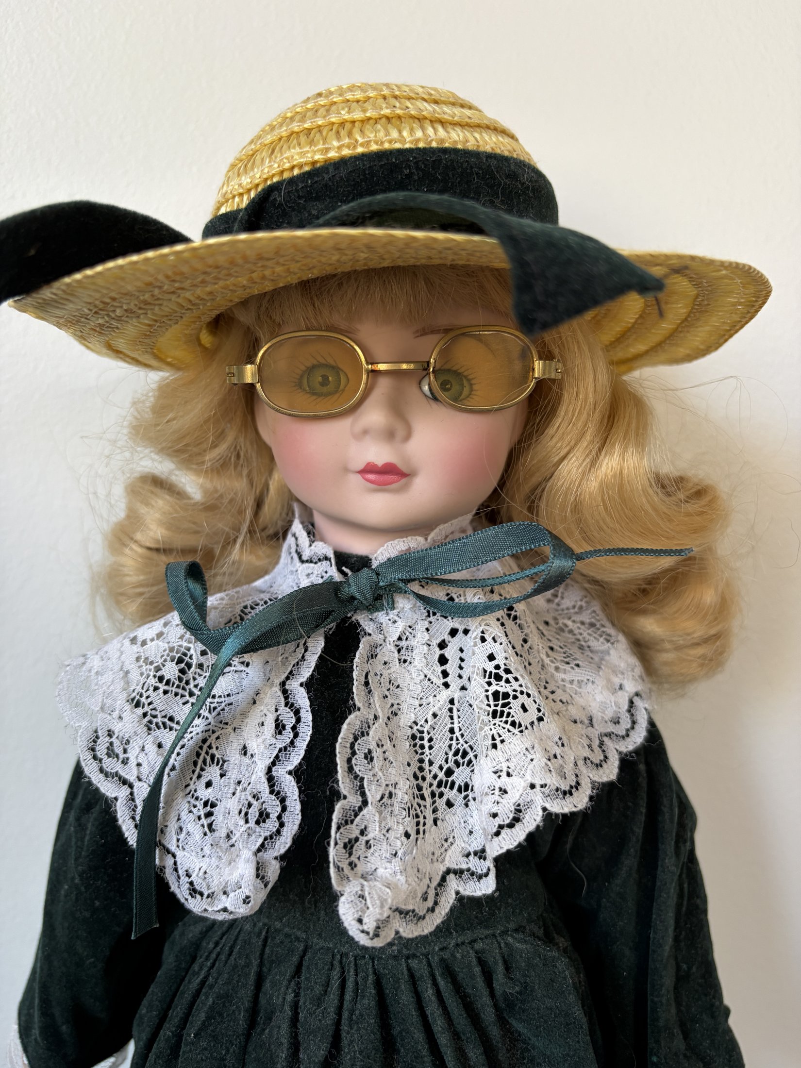 Vintage Porcelain Doll with Hat and Glasses, Lace Dress