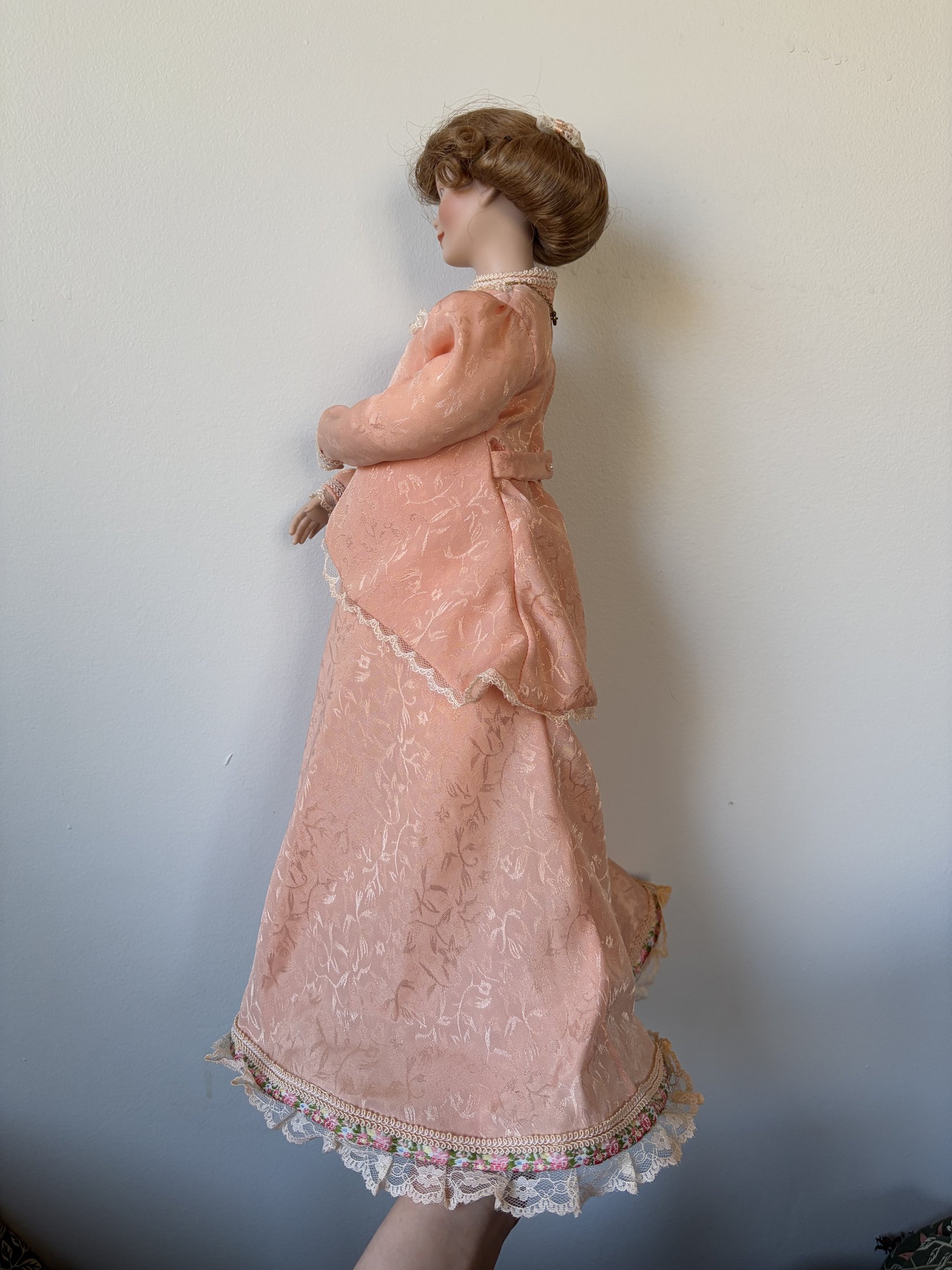 Porcelain Doll in Pink Lace Dress with Brown Hair and Blue Eyes - Image 5