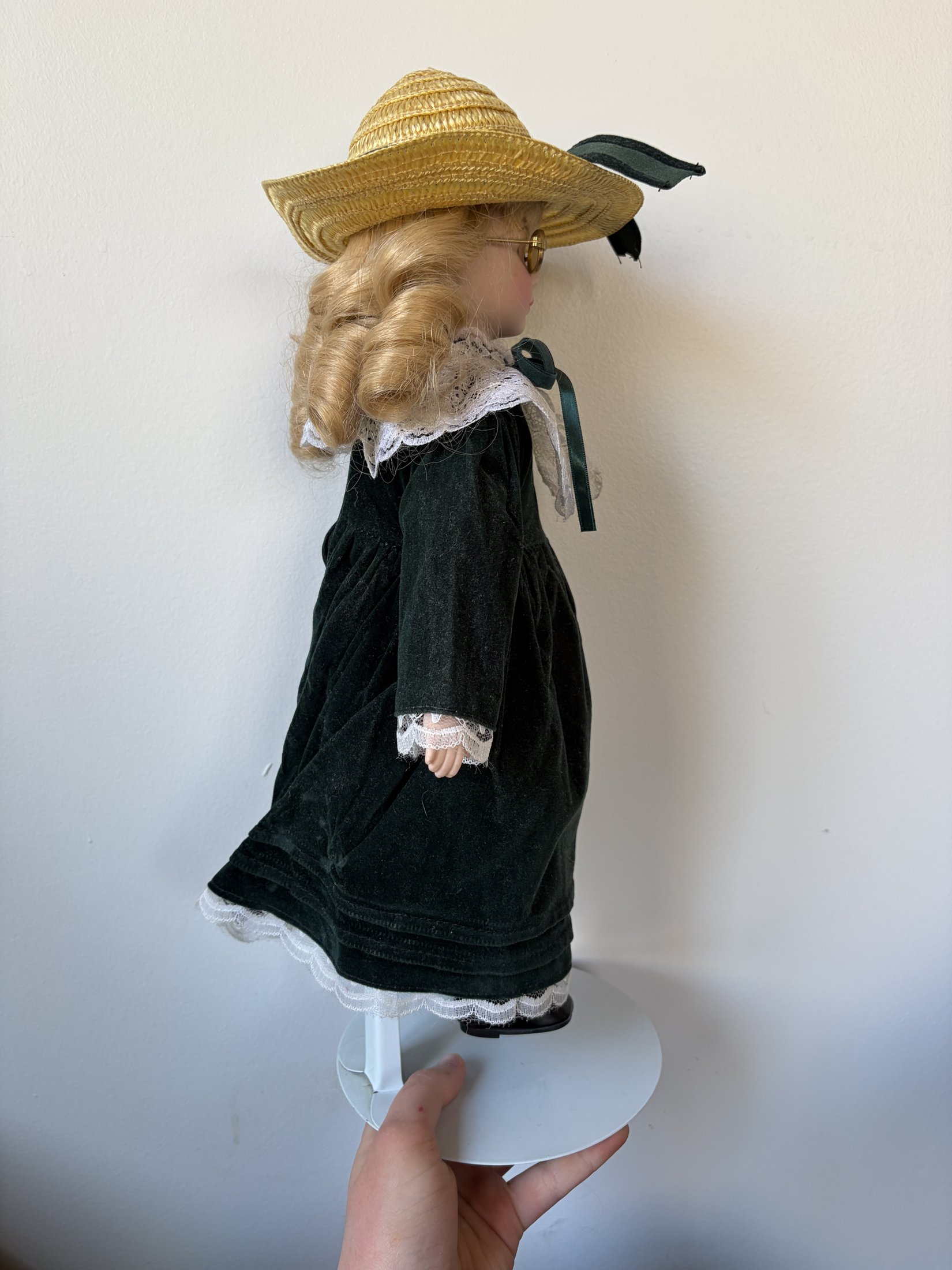 Vintage Porcelain Doll with Hat and Glasses, Lace Dress - Image 3