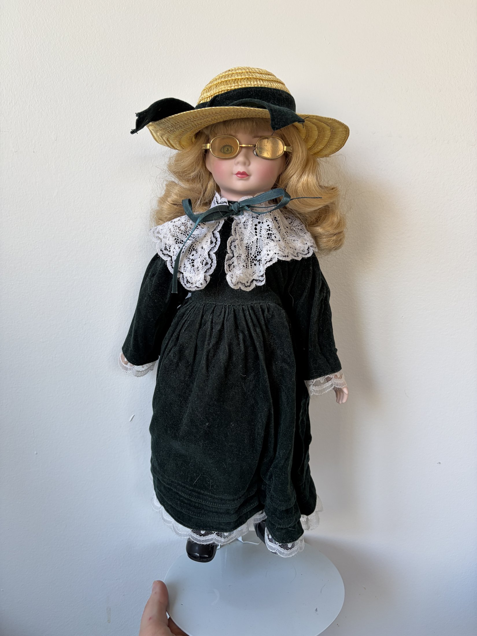 Vintage Porcelain Doll with Hat and Glasses, Lace Dress - Image 2