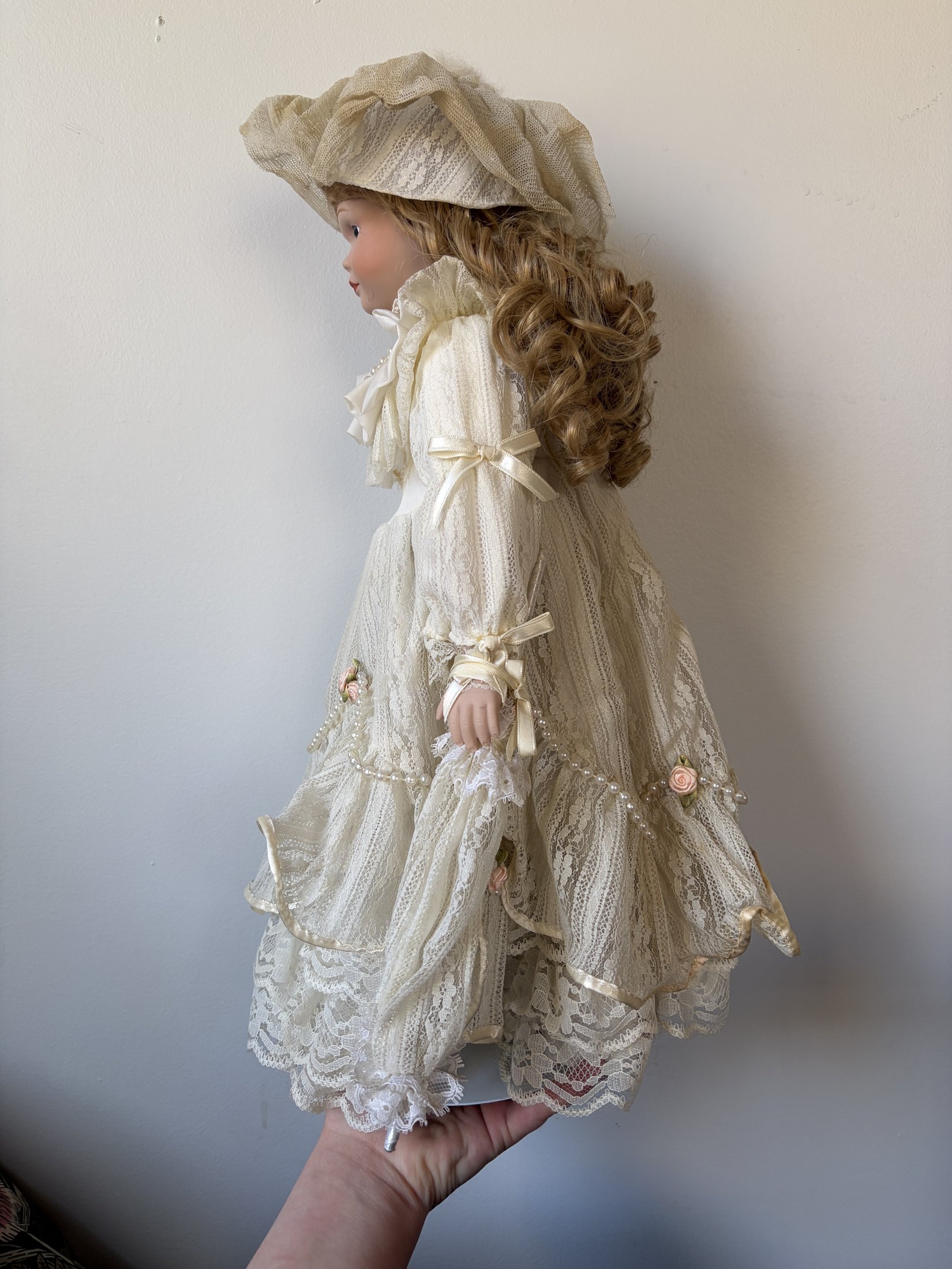 Vintage Porcelain Doll in Ivory Lace Dress with Blonde Curls - Image 4