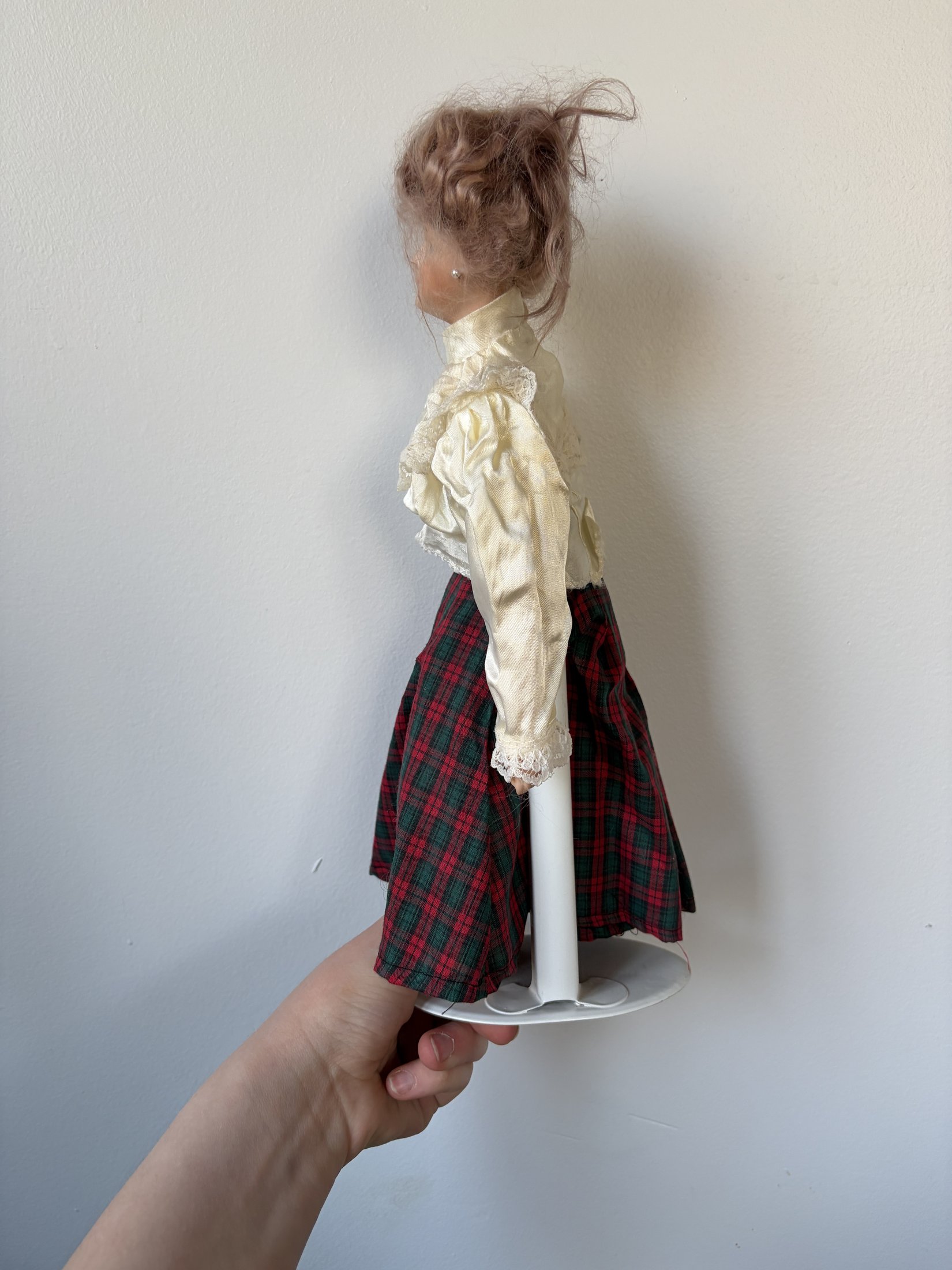 Vintage Porcelain Doll with Plaid Dress and Blonde Hair - Image 3