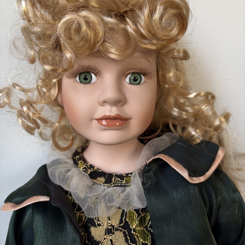 Lumi’n Art Porcelain Doll – Blonde Curls, Green Dress, 16 Inches