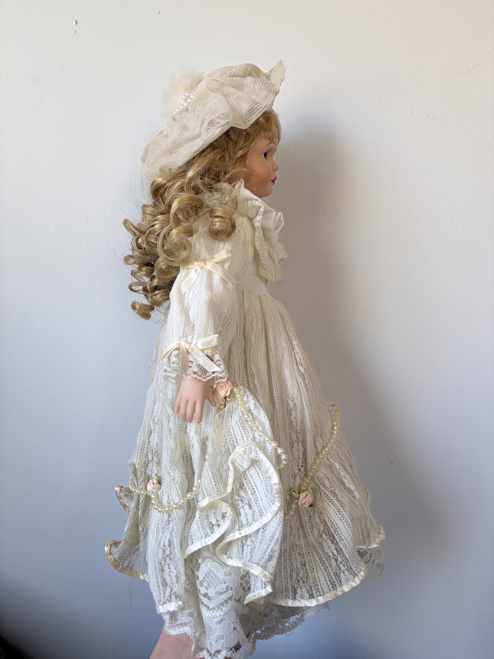 Vintage Porcelain Doll in Ivory Lace Dress with Blonde Curls - Image 2