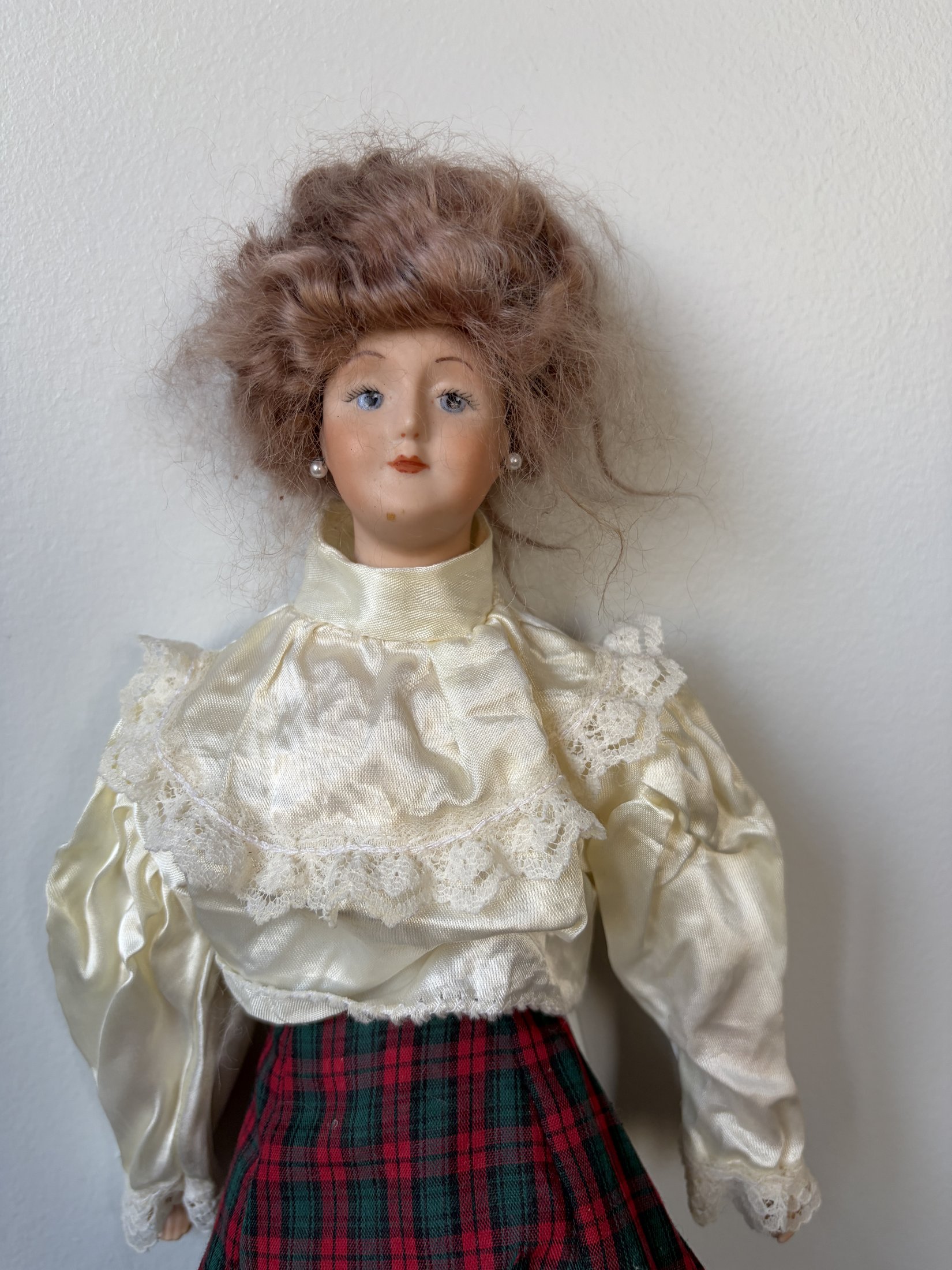 Vintage Porcelain Doll with Plaid Dress and Blonde Hair - Image 5
