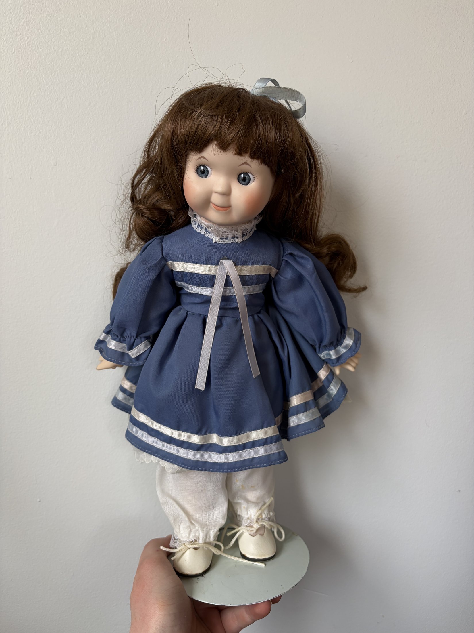 Porcelain Doll Brown Hair Blue Dress 16” with Stand - Image 2