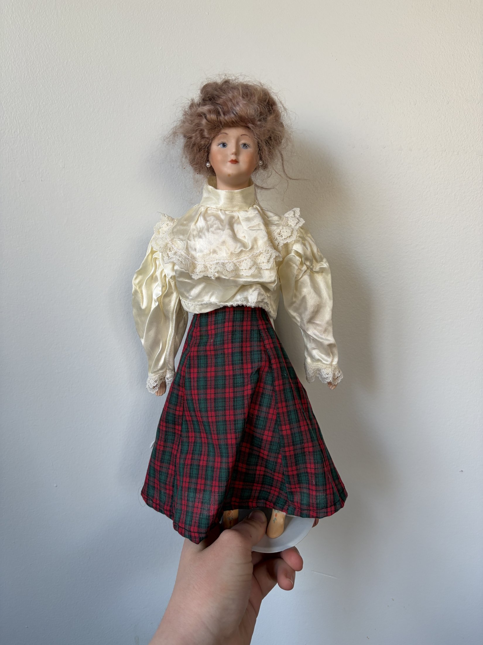 Vintage Porcelain Doll with Plaid Dress and Blonde Hair - Image 2