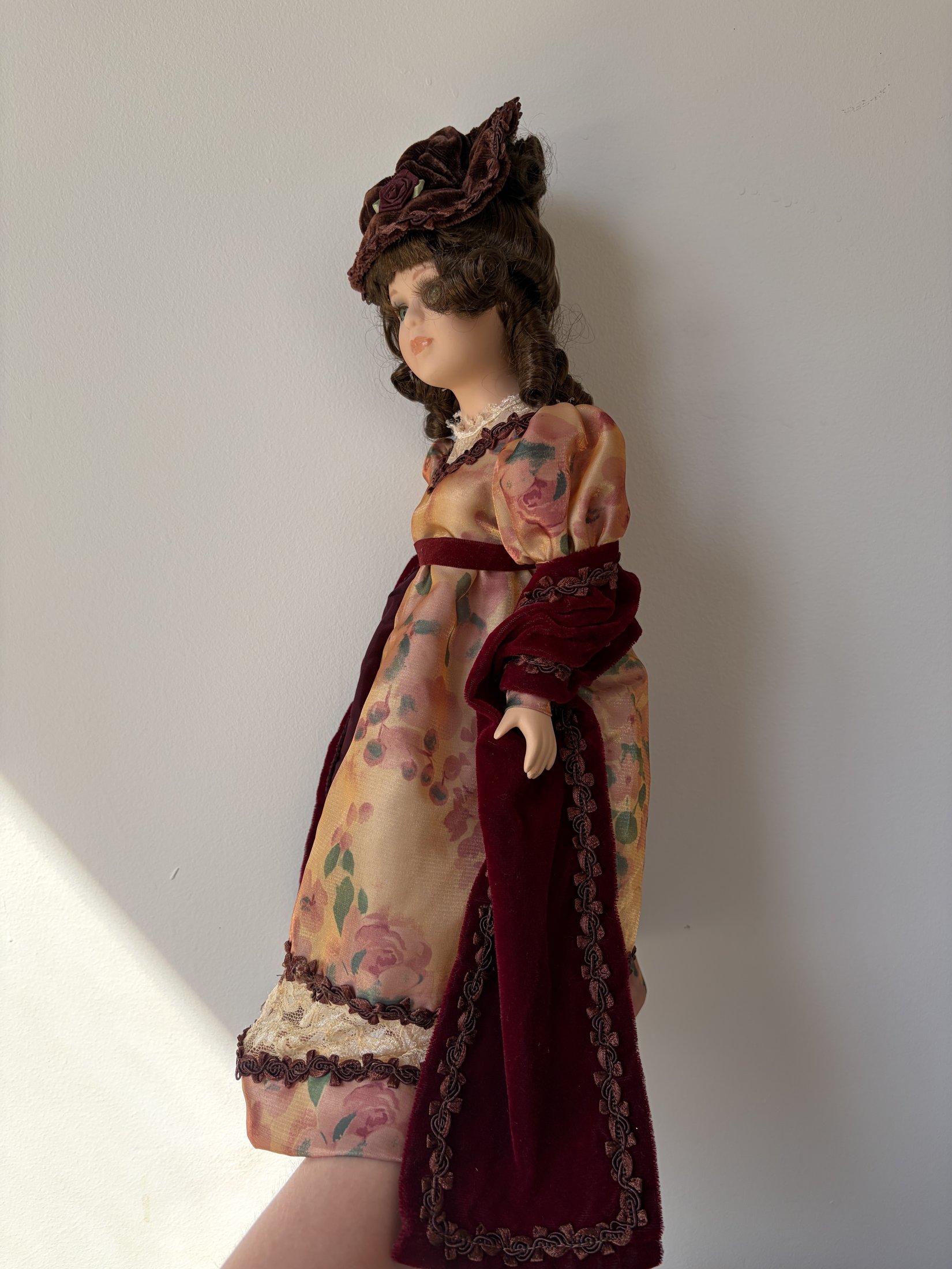 Victorian Style Porcelain Doll 18" Floral Dress with Hat - Image 8
